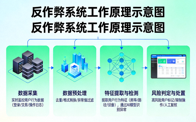 反作弊系统工作原理示意图，展示数据监控与分析流程